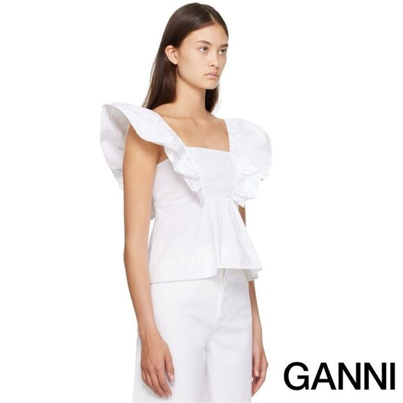 GANNI **NWT** Sleeveless Ruffle Cotton Poplin Blouse / Tank in Bright White - Picture 5 of 16